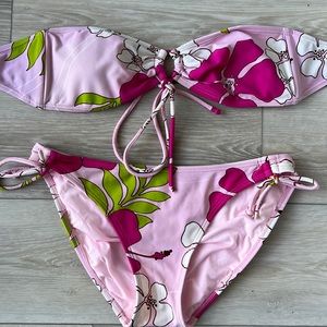 M Vibrant Floral Pink & Green Bikini with Halter Ties great with a tan